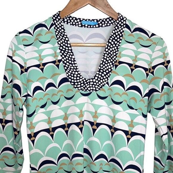 J.McLaughlin Giselle Dress Catalina Cloth Stretch V-neck Mint Navy White Gold Bl - Picture 3 of 10